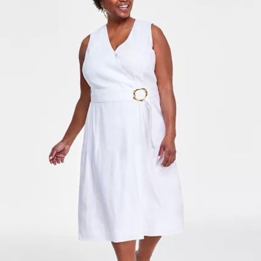 NWT INC International Concepts White Linen 100% Cotton Gold Belt Coquette Dress